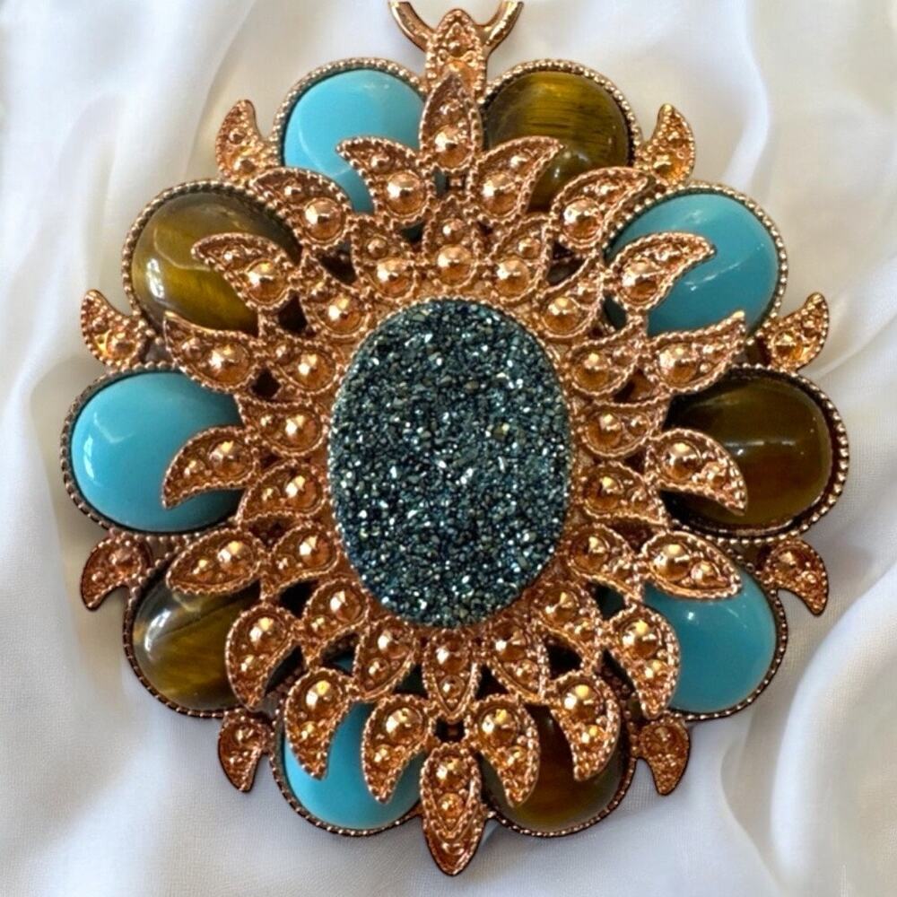 Beria Collection 18KT Rose GP Turquoise & Tigers Eye Floral Pendant Necklace